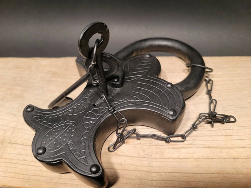 Large 9 1/2" Antique Vintage Style Cast Iron Padlock Lock & Key