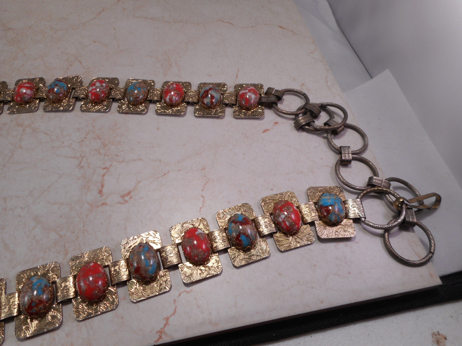 Vintage Fashion Belt With Polished Art Glass Panels Gold-Tone With Multi Colored