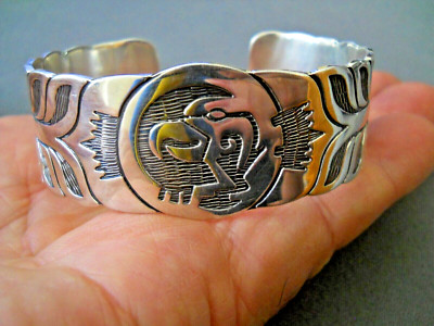 Southwestern Eagle Head Sterling Silver Tooled Cuff Bracelet 43g