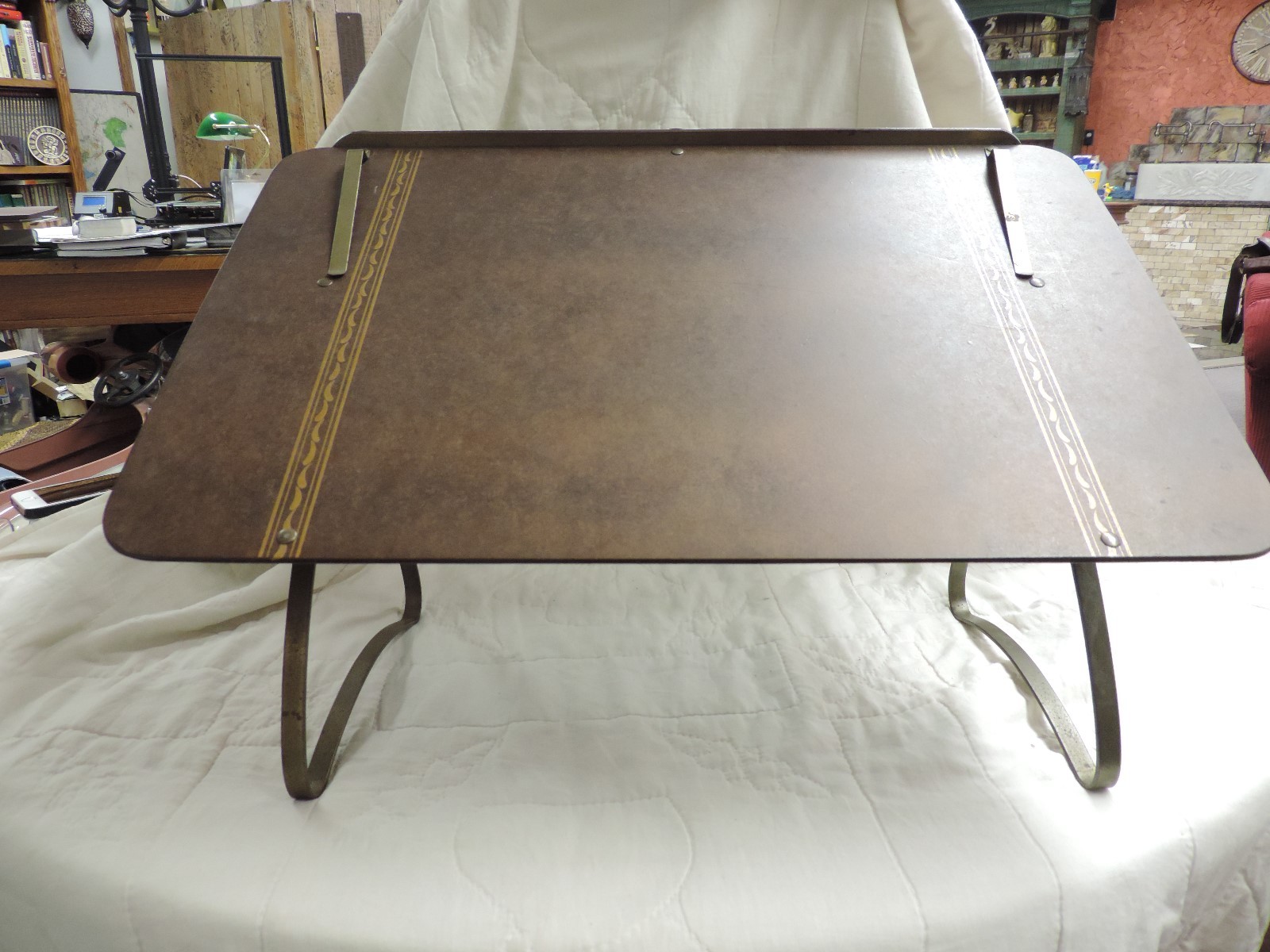 Vintage Ponten All Purpose Folding Stand Adjustable Arms Brown Gold Lap Table