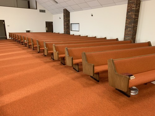 28 SOLID OAK WOOD CHURCH PEWS WITH PADS - 15FT 2” LONG EACH - OBO