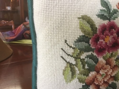 Vintage Needlepoint Floral Pillow-11 X 11-Dark Green Cotton Back-Excellent Cond-