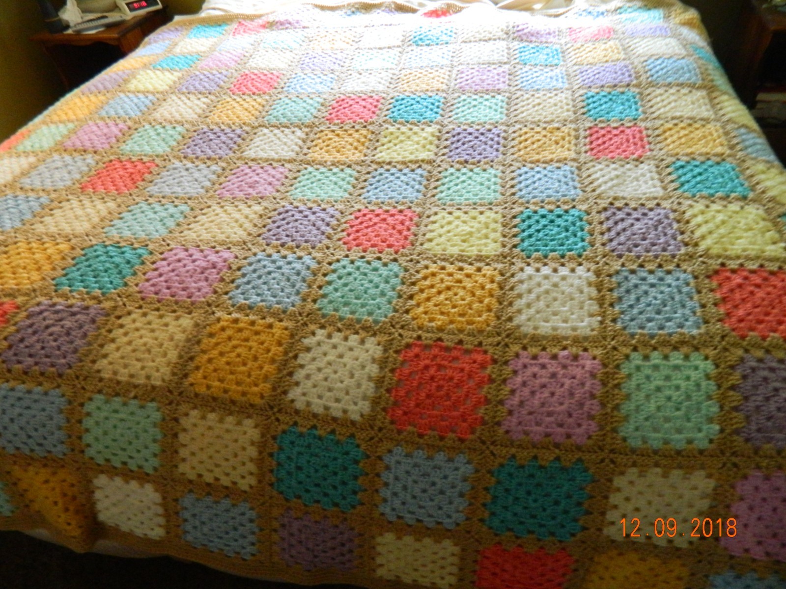 KING Size Granny Square Bedspread, Comforter, Bright pastels, Handmade, NEW