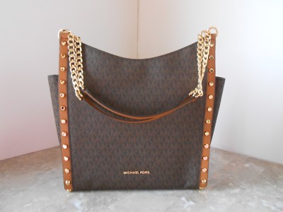New MICHAEL KORS Newbury Medium Chain Stud Shoulder Bag MK Signature $368 BROWN