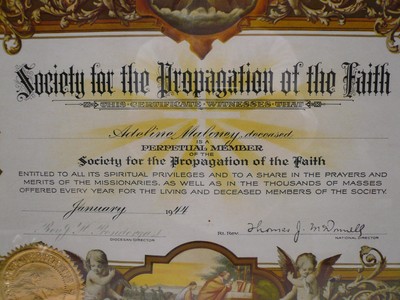 Vtg Society for the Propagation of Faith 1944 Certificate Perpetual Paper Print