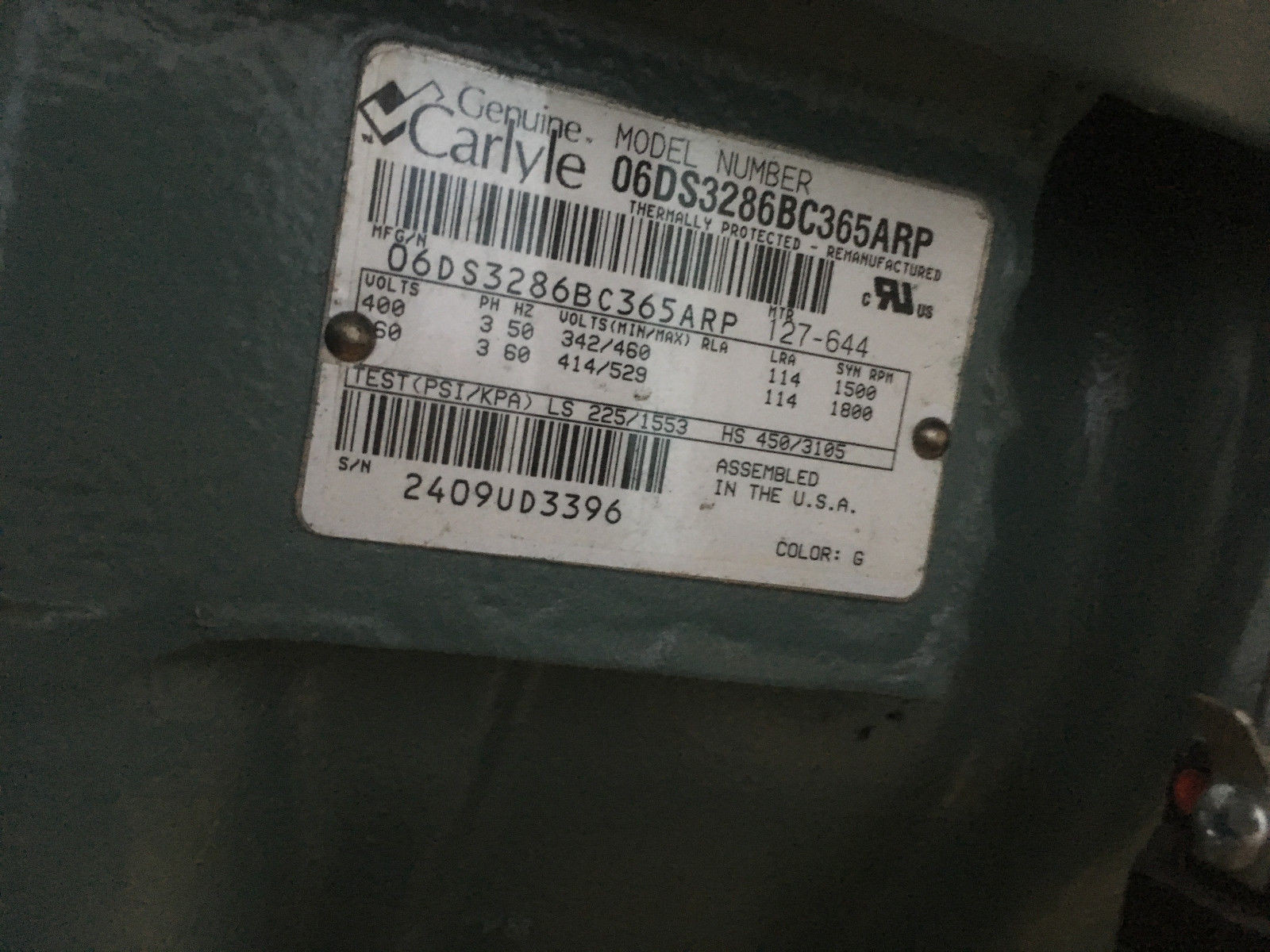 Carlyle 10 Ton, 10 HP Air Compressor Model 06DS3286BC365ARP 460v