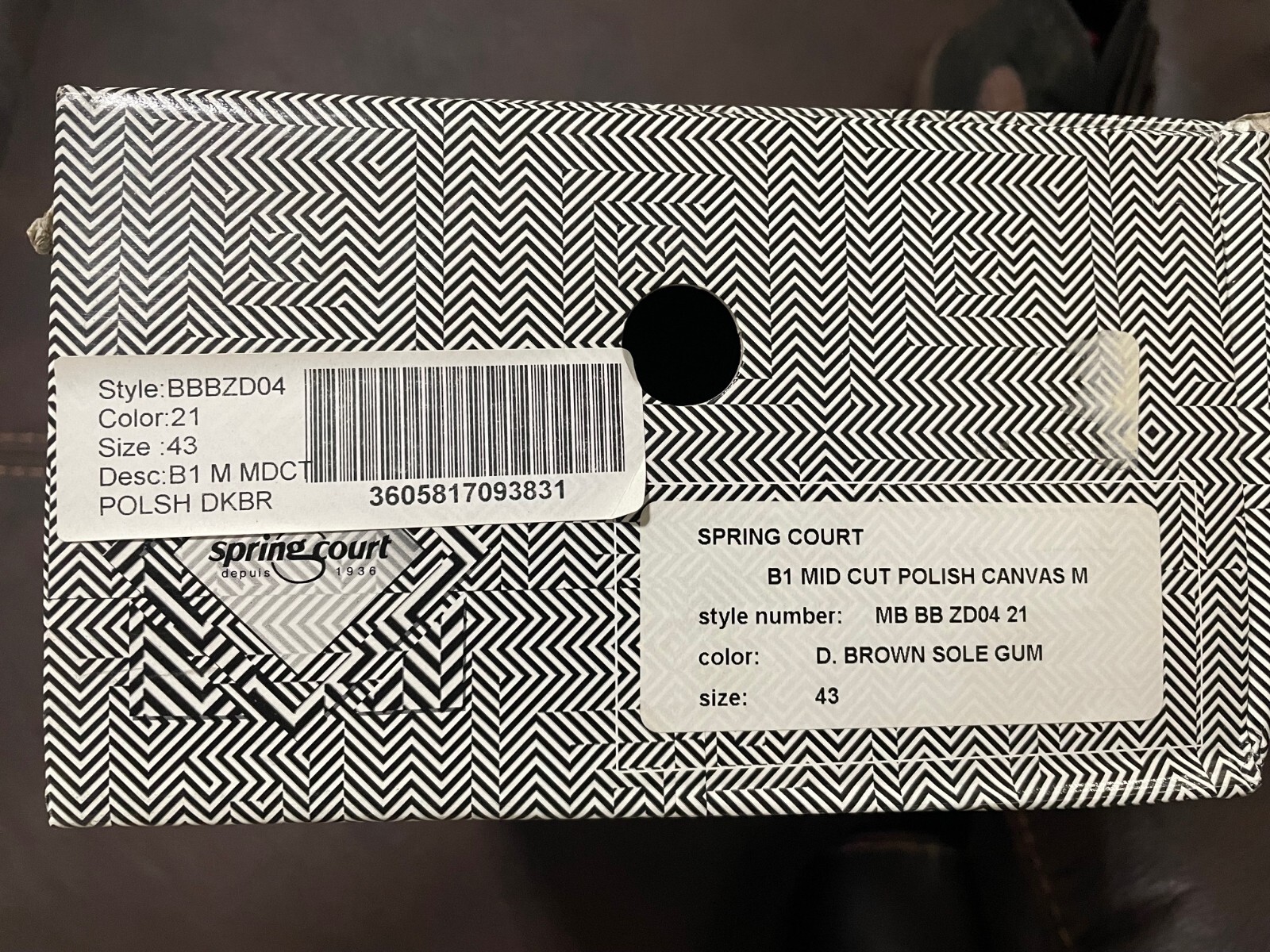 Pre-owned Spring Court Men's Polished Canvas B1 Midcut M Sneakers Dark Brown Size 43