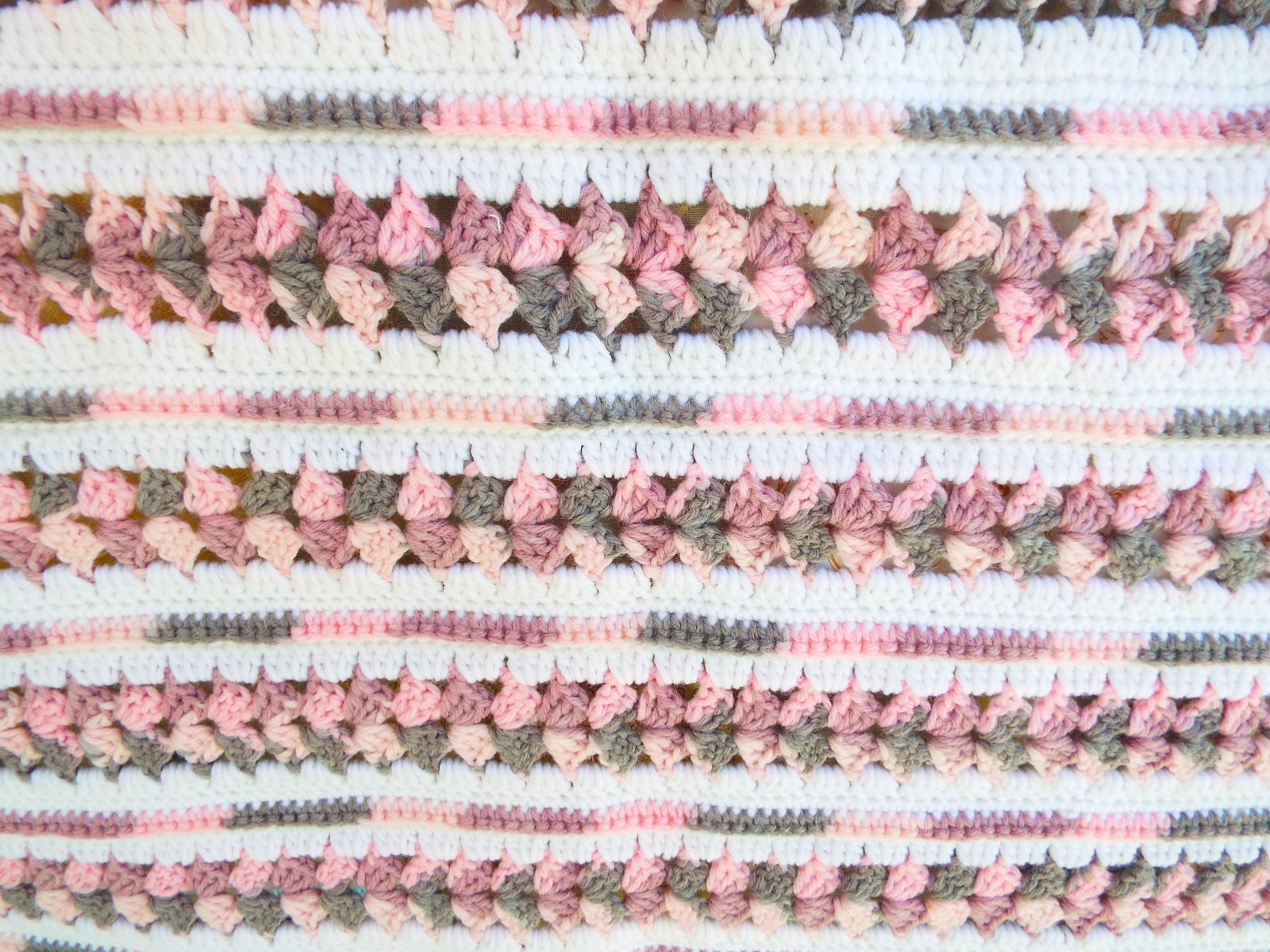 Vintage Crocheted Afghan Pink Grey Lavender Throw Scalloped Edge Blanket 80 x 52