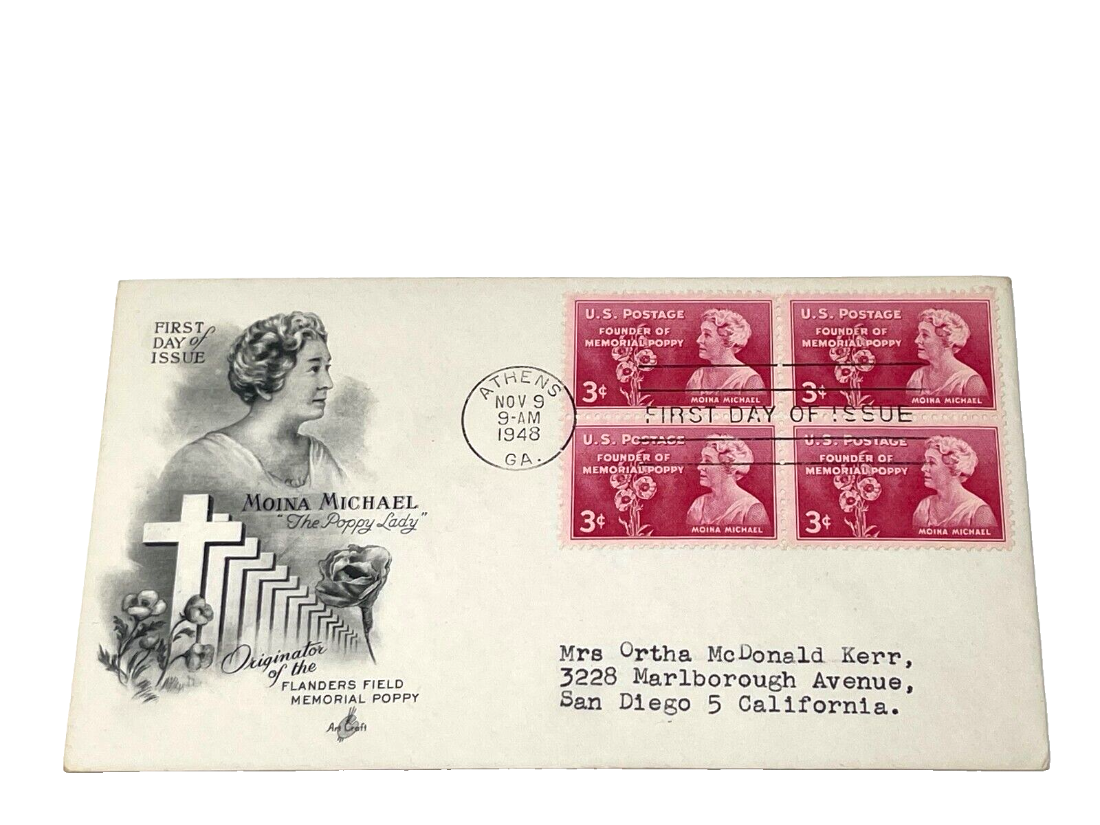 1948 - 'Moina Michael', The Poppy Lady', Scott# 977, FDC 1948 - 'Moina Michael', The Poppy Lady', Scott# 977, FDC