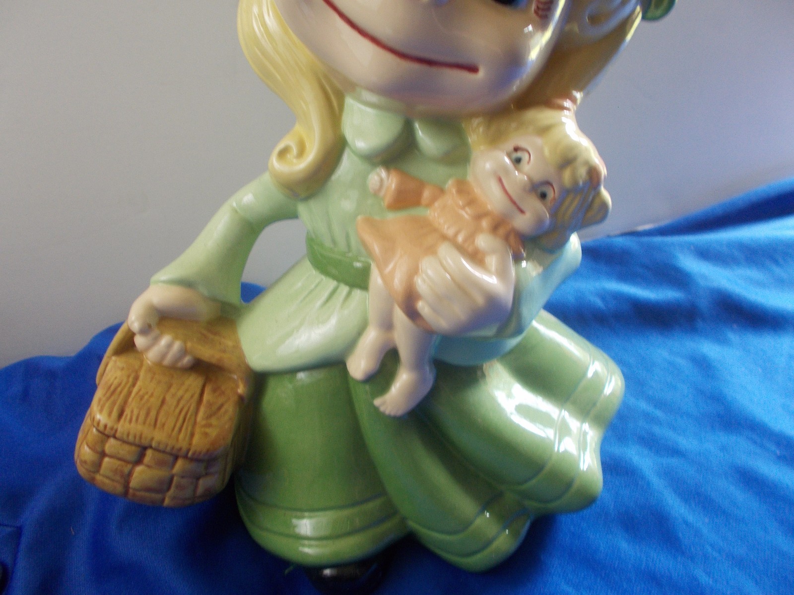 Atlantic mold girl green dress doll basket statue figure ceramic 11”  Vintage
