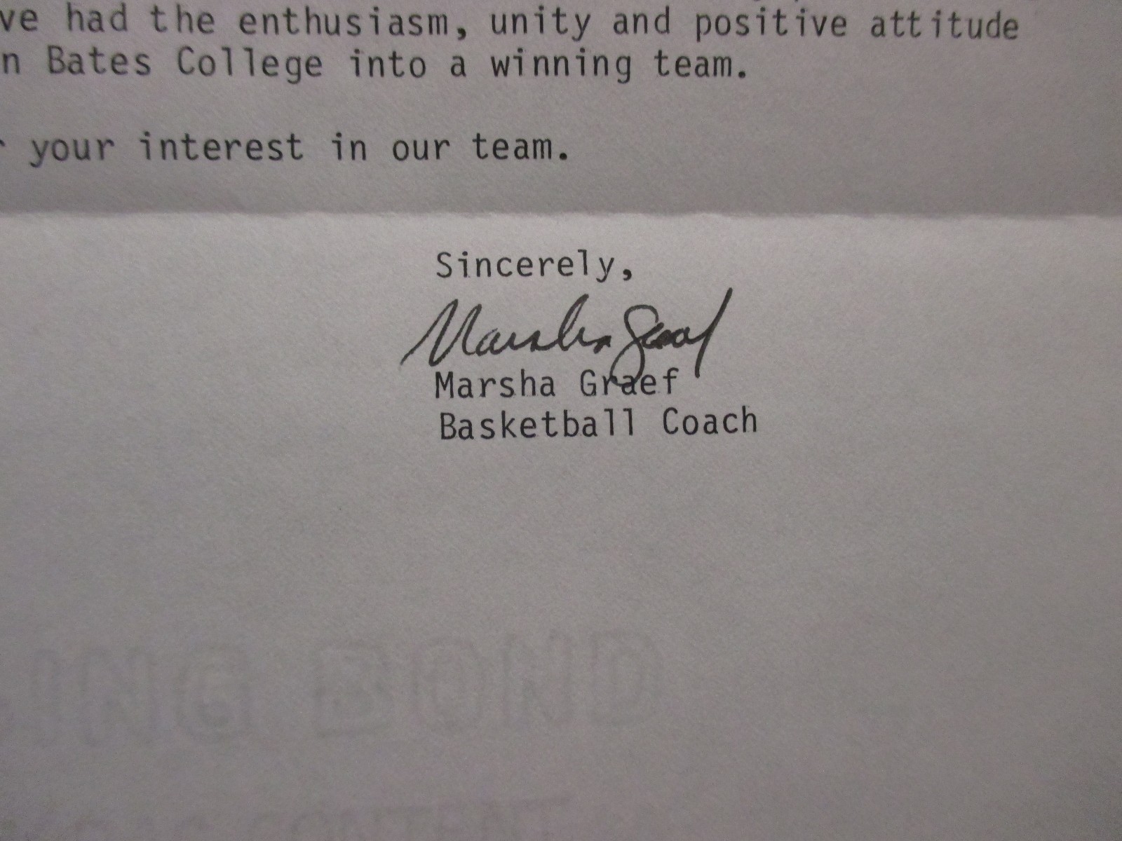 MARSHA GRAEF(Died-'15)Signed 1988 Personal Letter-Bates College Basketball Coach