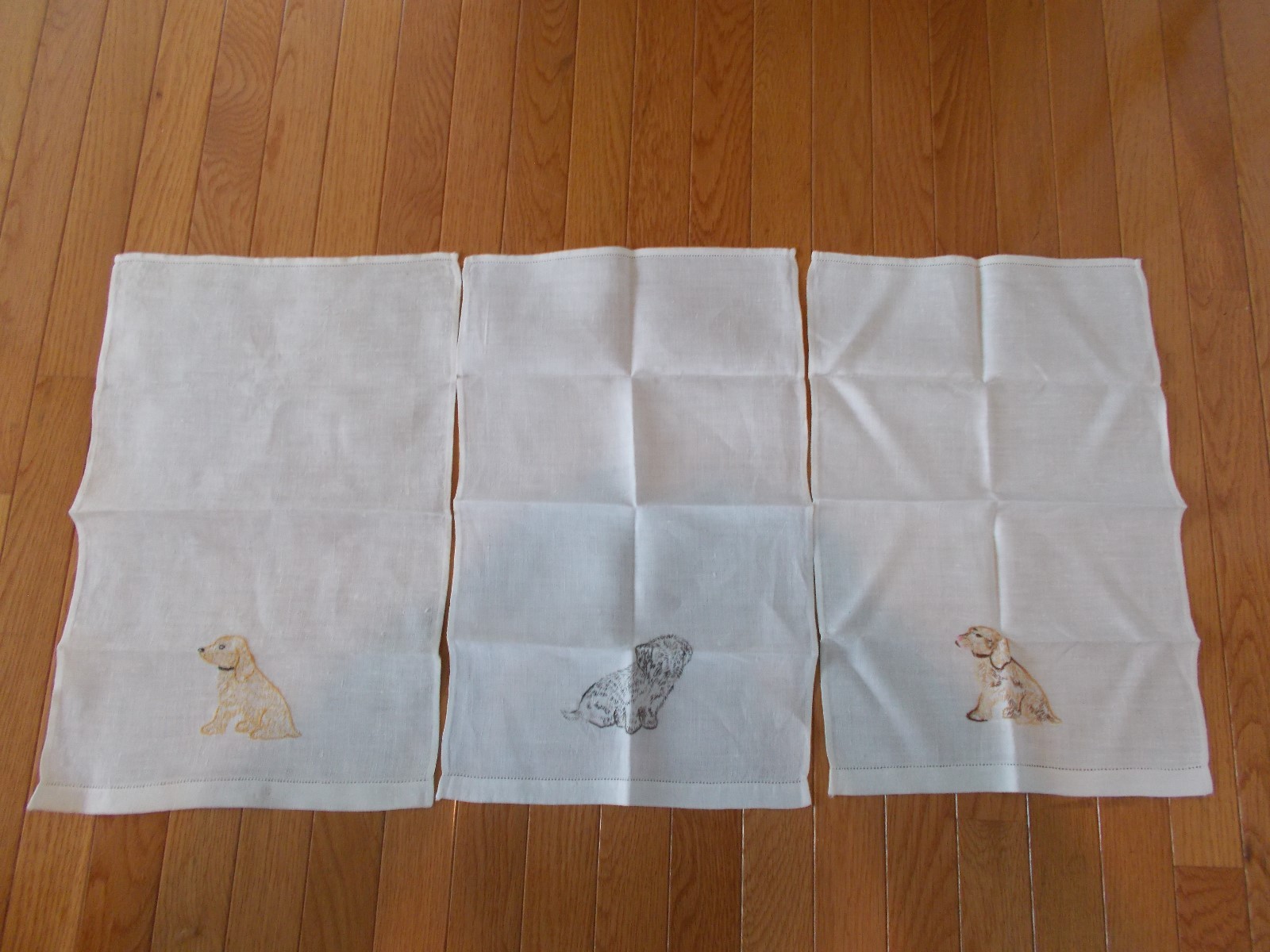 VTG 1940's -3 Linen Hand Towels With Embroidered Dog Designs, Unique