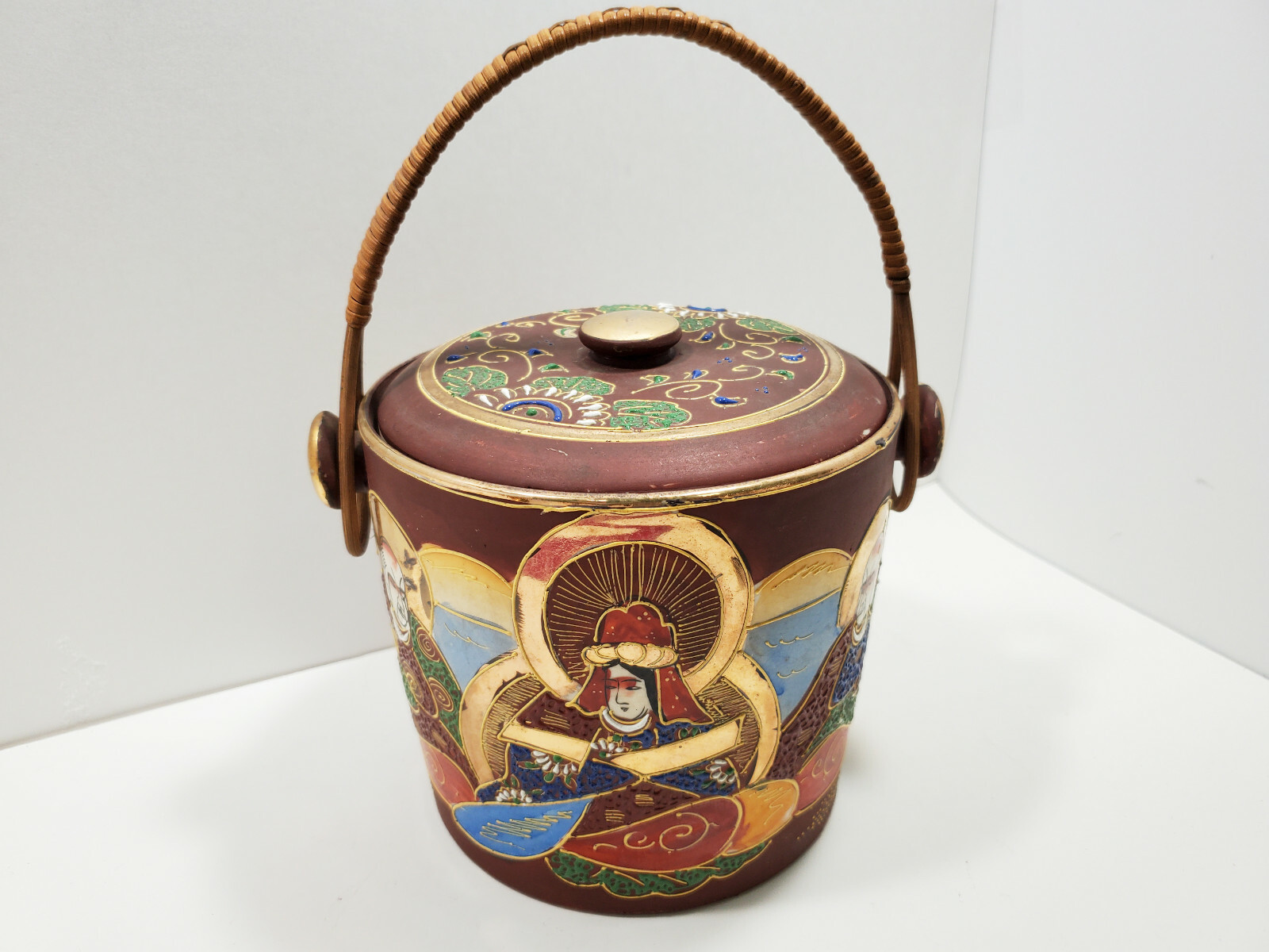 Vintage Satsuma Hand Painted Japanese Ice Bucket W/Lid & Bamboo Handleの