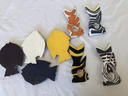 Hand Painted Crafted Tropical Fish Coasters Napkin Ring Set Of 8 Made In Bali