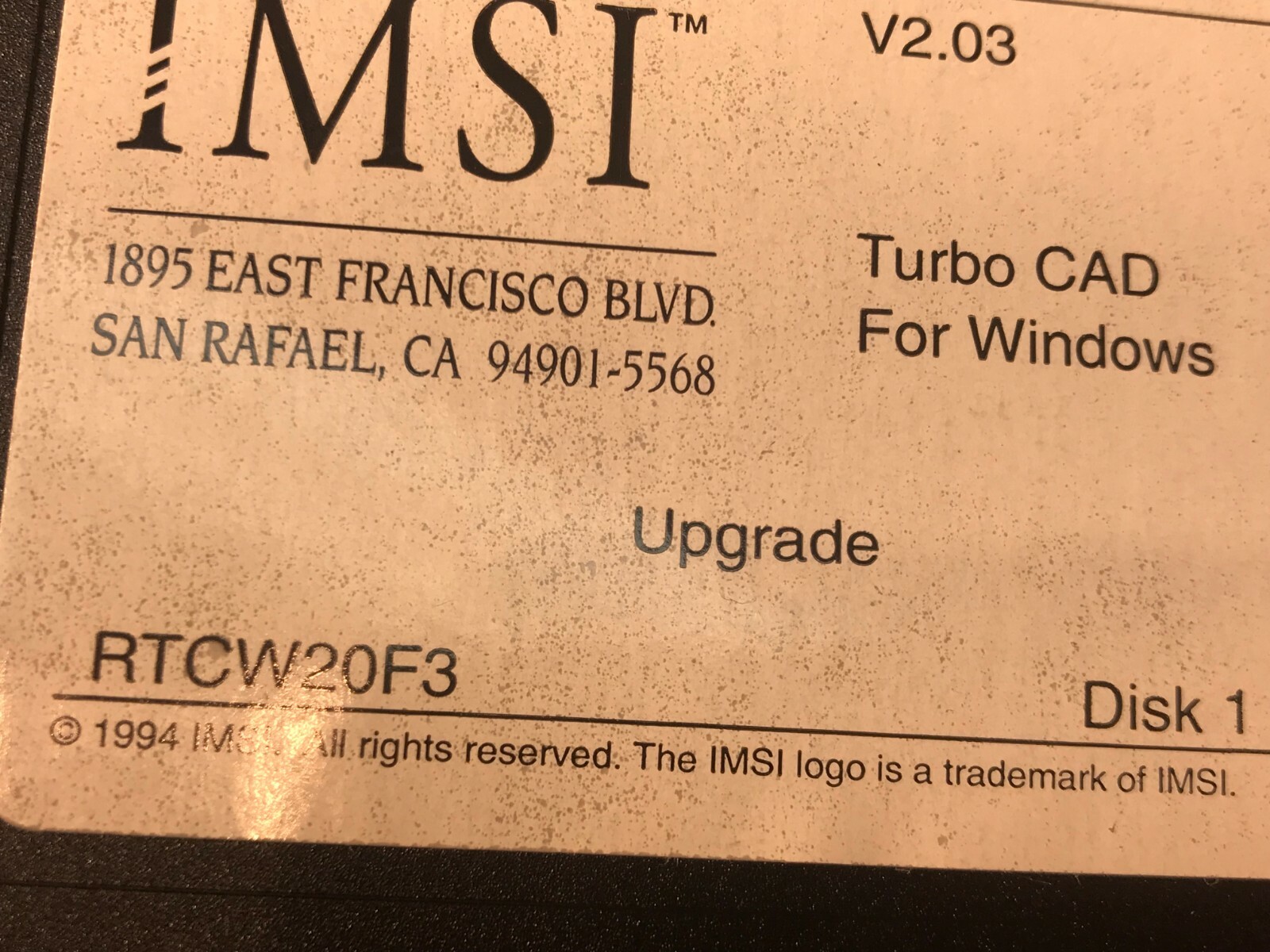 Vintage IMSI TurboCad v. 2.0 Software 3.5 floppy disk Windows 1994 + v. 2.03