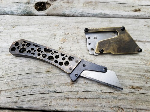 Custom Tarnished Brass EDC Fixed Utility Blade Knife Sheath Belt Clip USA