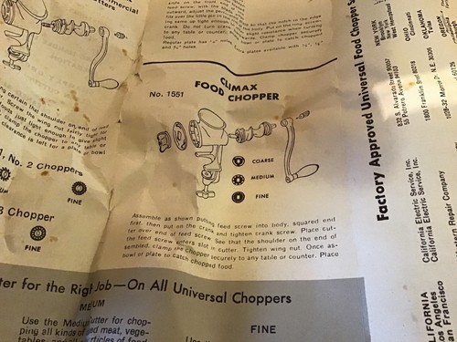 Vintage Climax Universal  Food Chopper 1551 In Box Cast Aluminum