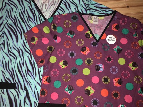 LOT 2 BOBBIE BROOKS SCRUB TOPs SHIRTS PURPLE OWLS Multi Blue Zebra Stripes 1x