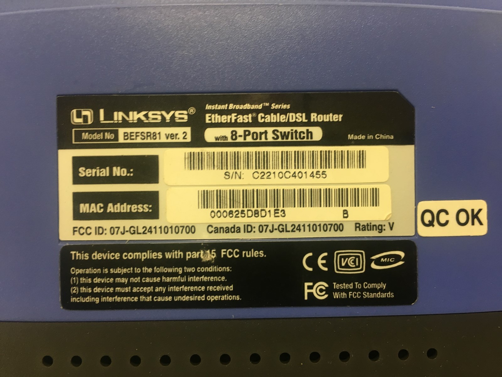 LINKSYS BEFSR81 EtherFast Cable/DSL Router with 8-Port Switch