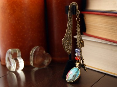 Antique Gold Finish Paris Bookmark Cabochon Eiffel Tower, Love Letter, Swarovski