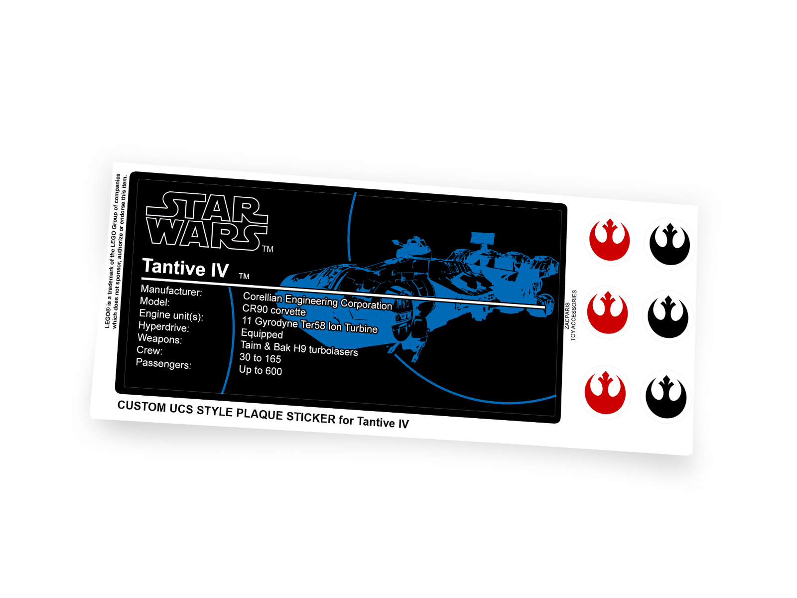 CUSTOM PLAQUE STICKERS for STAR WARS TANTIVE 4 Set 75244