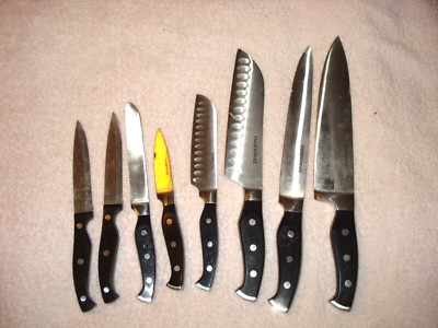 LOT SET OF 8 Faberware Stainless Steel Knife Knives BLACK 3 Rivet With Sharpener