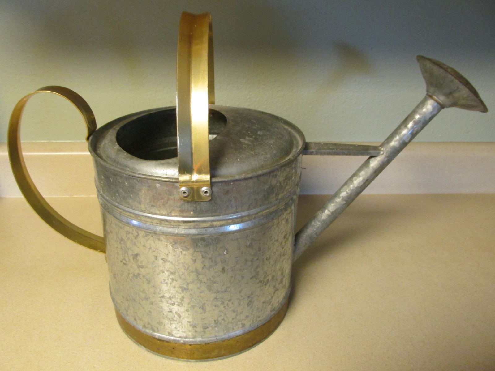 WATERING GALVANIZED METAL CAN WITH SPOUT AND 2 GOLD TONE HANDLES!