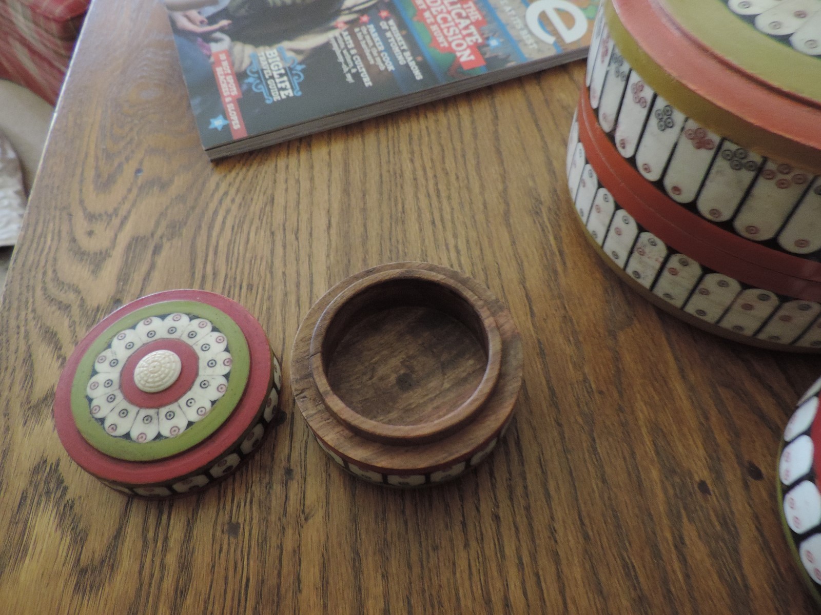 Set Of 3 Wood and Bone Round Boxes-Inlaid Bone- Red, Green, White