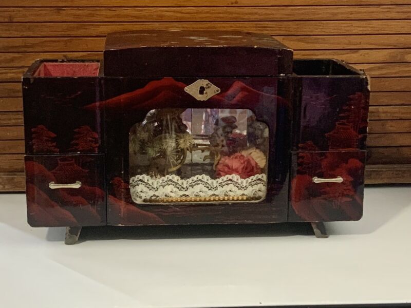 Japanese Black Red Lacquer Jewelry Music Box Light Up Diorama VINTAGE Japan 