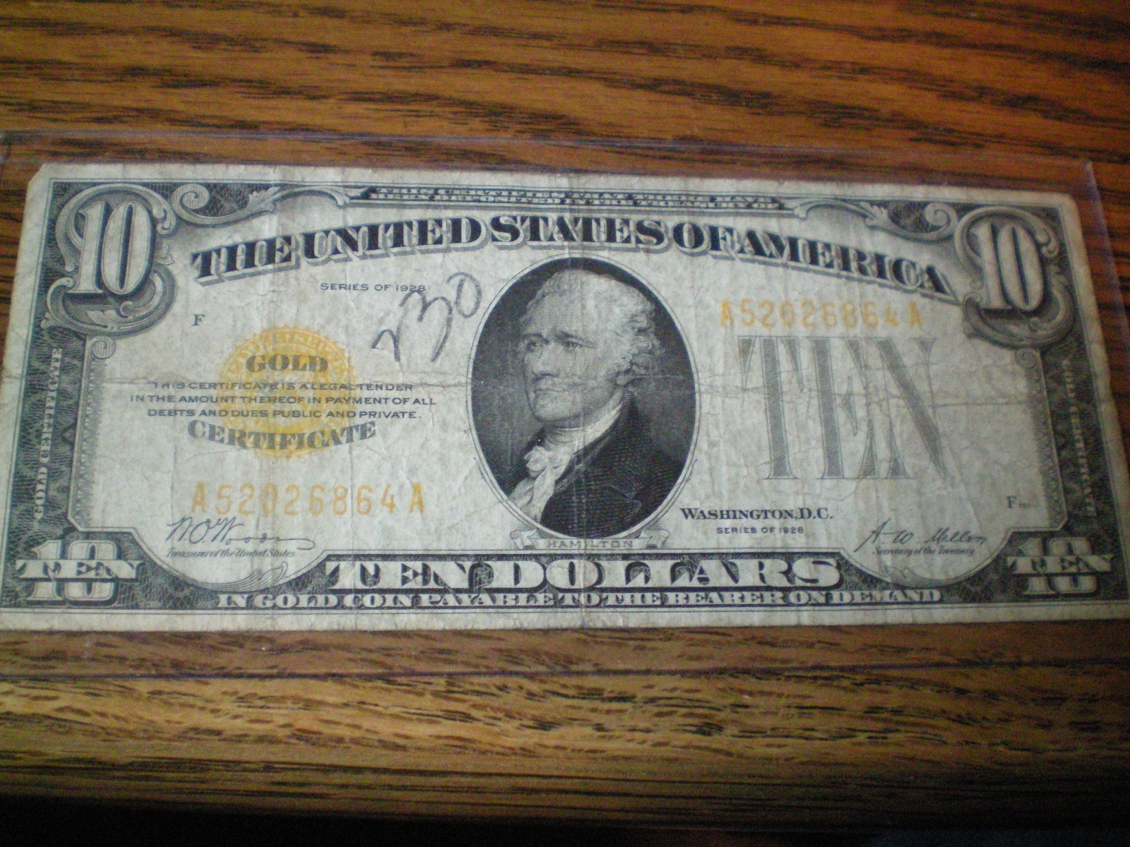 Five (5) Series 1928 Gold Certificate $10 Ten Dollar Notes