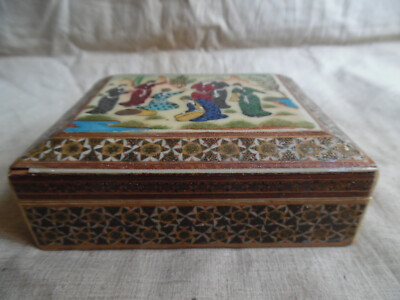 Vintage Mosaic Camel bone Box With Hand Painted Scene