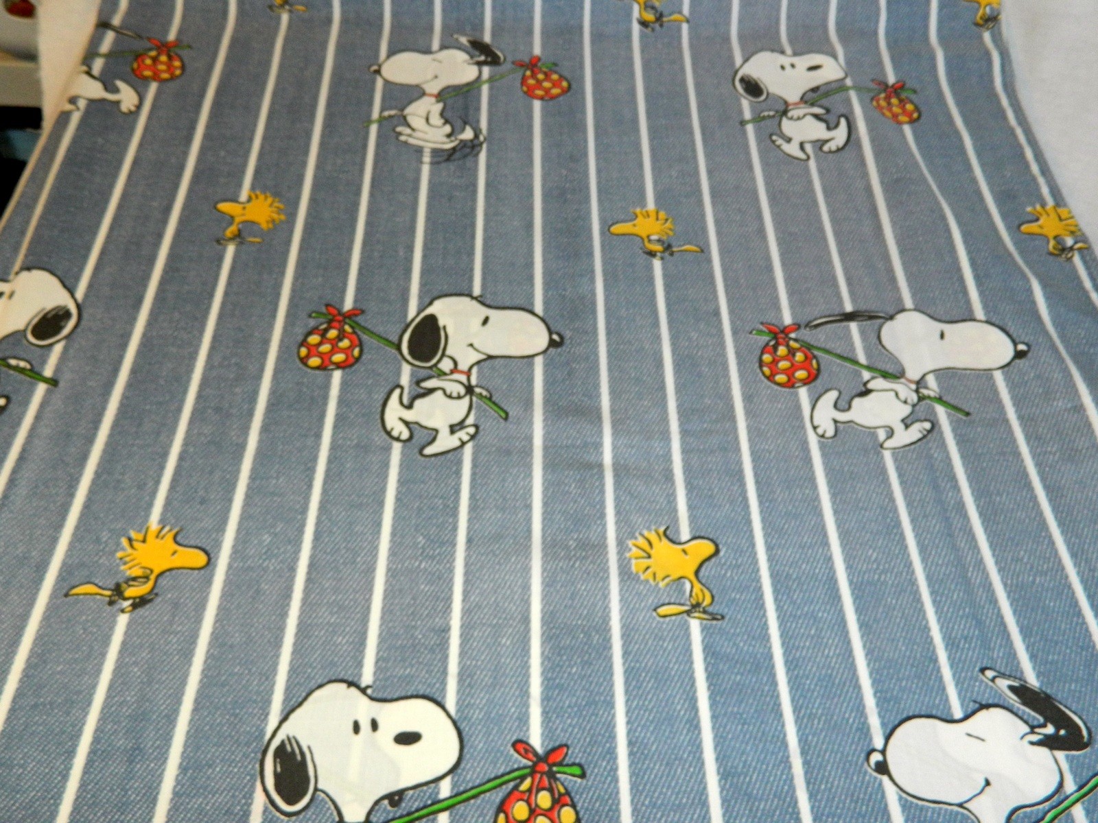 VTG Peanuts Snoopy Twin Sheet Woodstock Hobo Blue Striped fabric