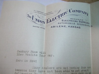 Original Letterhead Abilene Kansas Union Electric Co. selling Century Fans