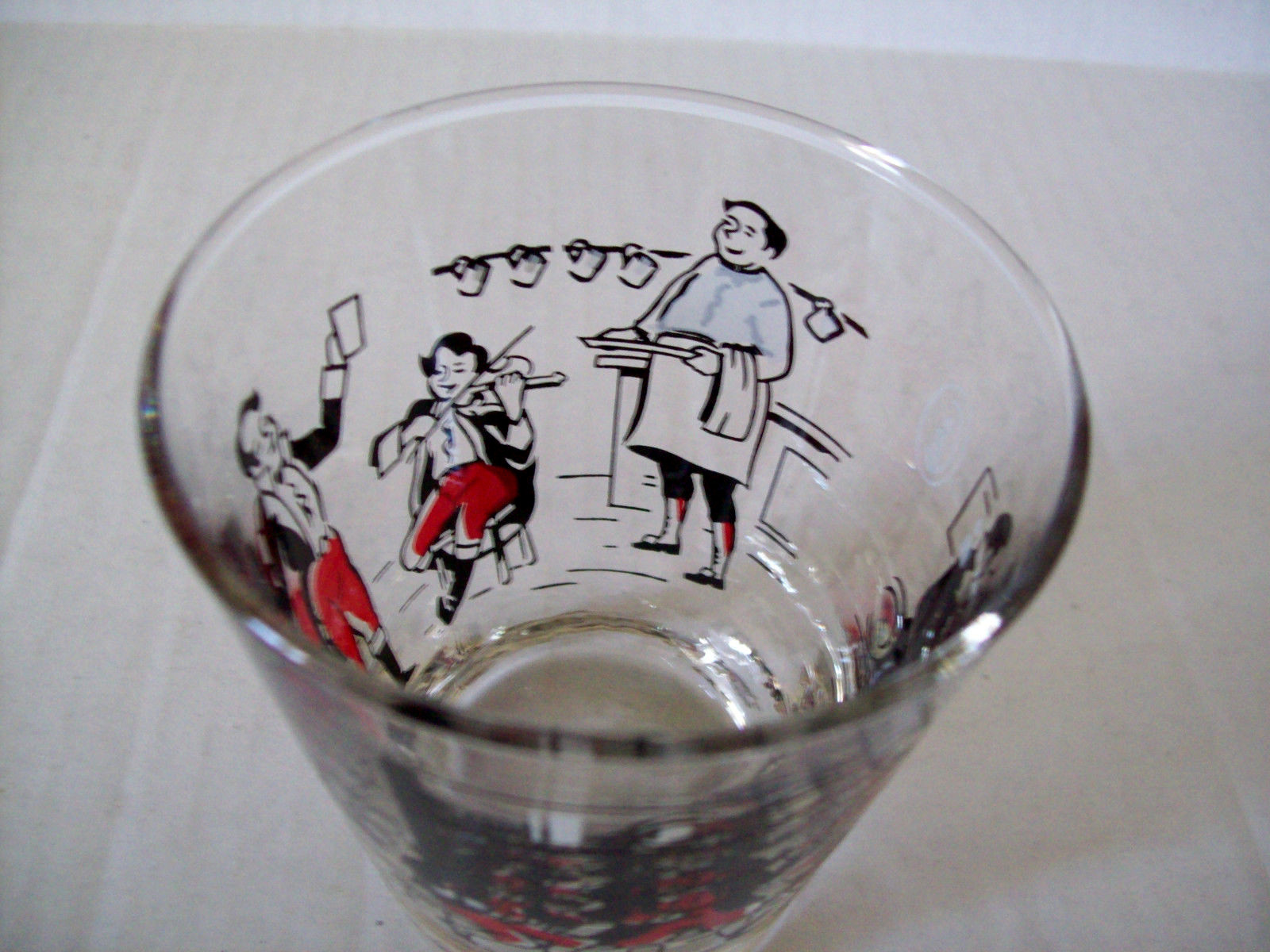 Libbey Pickwick Old Fashioned Rocks Glass tumbler Red Black bar scene 3.25