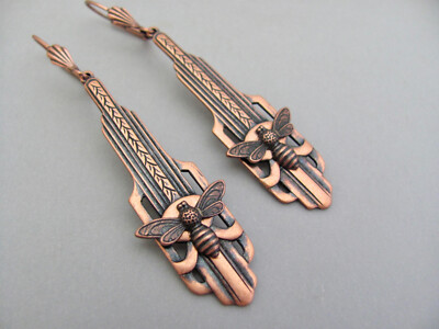 Art Deco Bee Earrings Bumble Bee Antiqued Copper Honeybee Pendant Ren Faire Gift