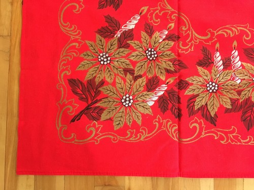 Vintage Christmas Holiday Tablecloth - Gold Poinsettias & Silver Candles - 64x48