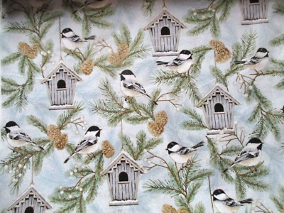Fabric Hoffman ''Home Tweet Home'' Chickadees Birdhouse Pine Cones $5.95/Yd