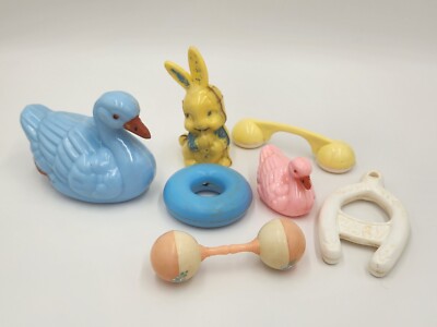 Lot of 7 Vintage Plastic Baby Teething Rattles & Toys Ducks Bunny Phone Dumbbell