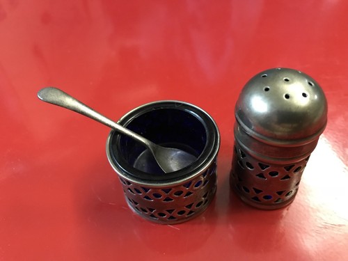 Eisenberg Lozano Cobalt Insert Open Salt & Pepper Set Silverplate England