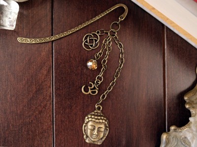 Yoga Zen Bookmark Golden Buddha Head, Eternity Knot, Namaste and Swarovski Bead