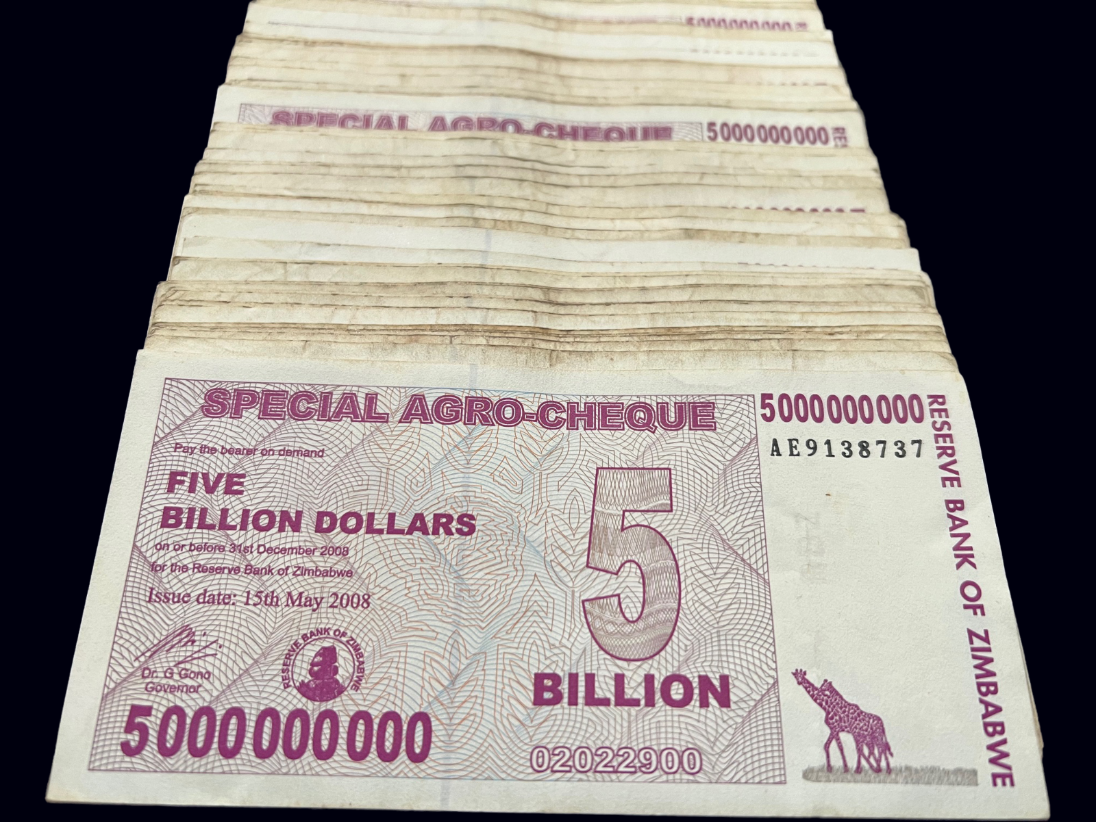 100x Zimbabwe 5 Billion Dollar Special Agro Cheque Bill Banknote - 500 Billion