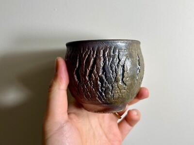 wood fired unglazed natural ash glaze handmade teacup tree bark texture yunomi