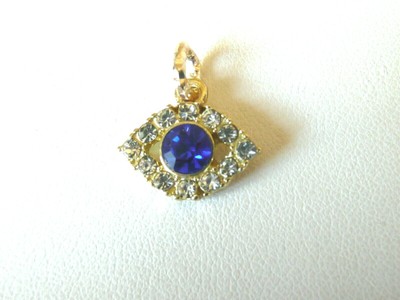 RHODIUM GOLD ROYAL  BLUE EYE SHAPE LUCKY EVIL EYE GREEK CRYSTAL CHARM PENDANT 