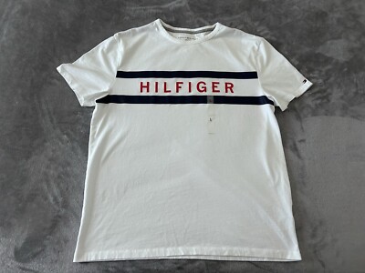 Tommy Hilfiger Shirt Men s Large White Spellout Graphic Crew Neck Short Sleeve