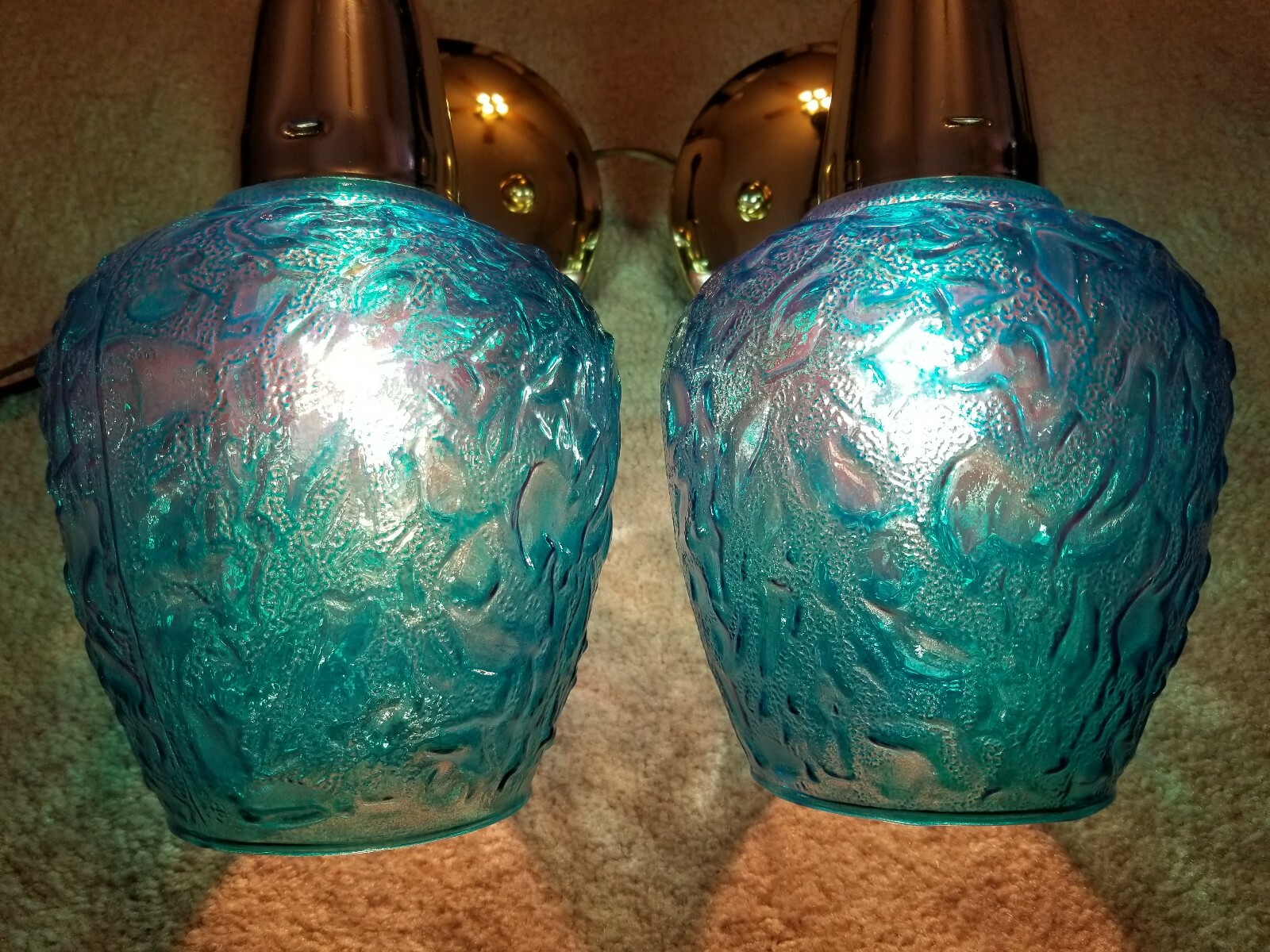 Vintage MCM Turquoise Blue Saphiret Glass Cone Wall Fixture Sconce Lights