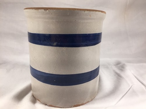 Primitive Salt Glazed Ceramic Crock Antique Vintage Striped Blue Crock