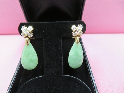 14k Solid Y. Gold Omega Back Green Jadeite Jade Diamond Earrings 10.33 Grams