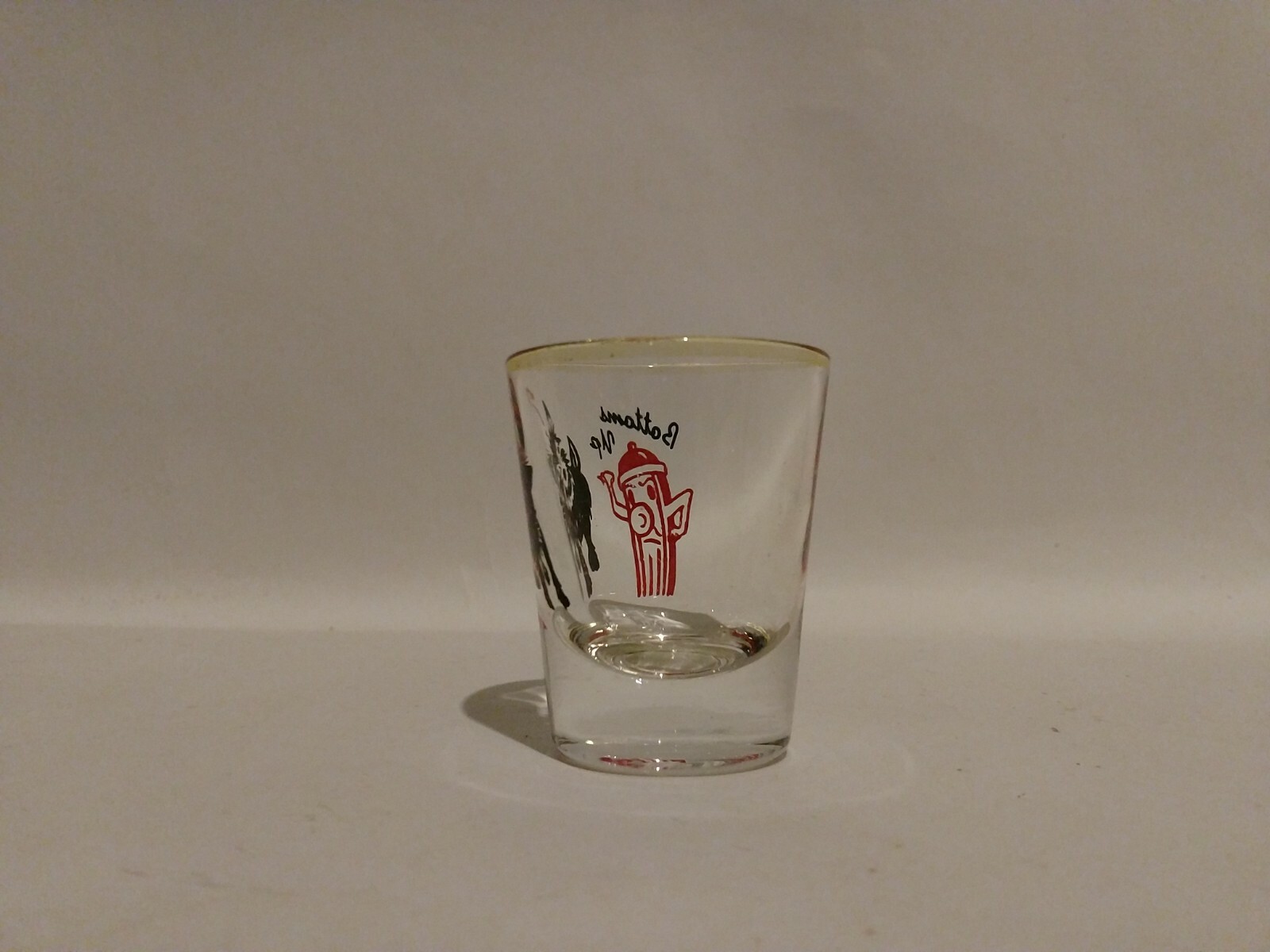 Red Fire Hydrant Black Hairy Dog “BOTTOM UPS” SHOT GLASS Drink