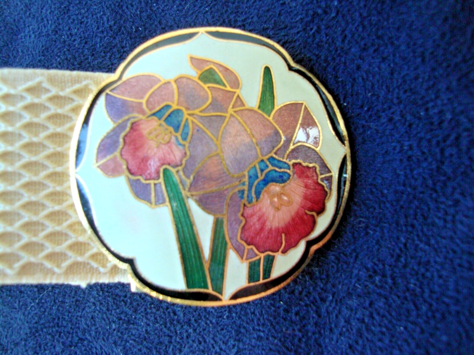 VINTAGE ART NOUVEAU CLOISONNE MULTI COLOR IRIS WHITE BUCKLE W/ ELASTIC BELT