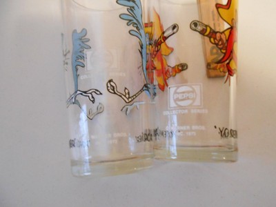 2- 1973 Pepsi Warner Bros Glasses-Road Runner & Yosemite Sam, Thick Glass